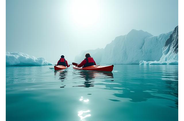 Kayaker di perairan tenang Antartika dengan gunung ais dalam kabus