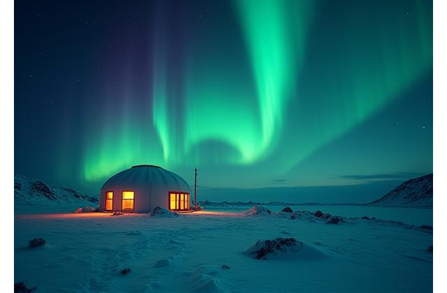 Cahaya Utara memancar di atas landskap musim sejuk Greenland
