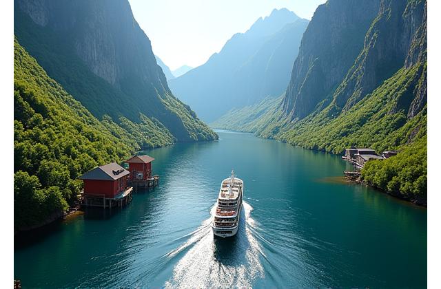 Keindahan fjord Norway yang tenang dengan bot persiaran