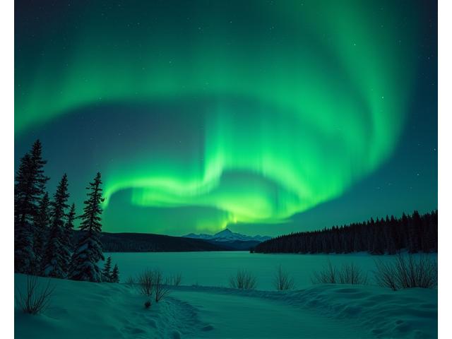 Cahaya aurora hijau terang melambai-lambai di langit malam
