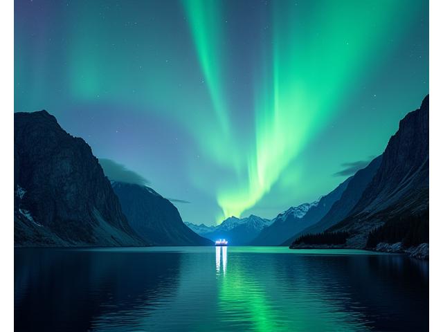 Cahaya Utara di atas fjord Norway